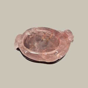 Vintage Rose Quartz Carved Mice Dish w/ Wood Base Chinese Pink Catchall Trinket